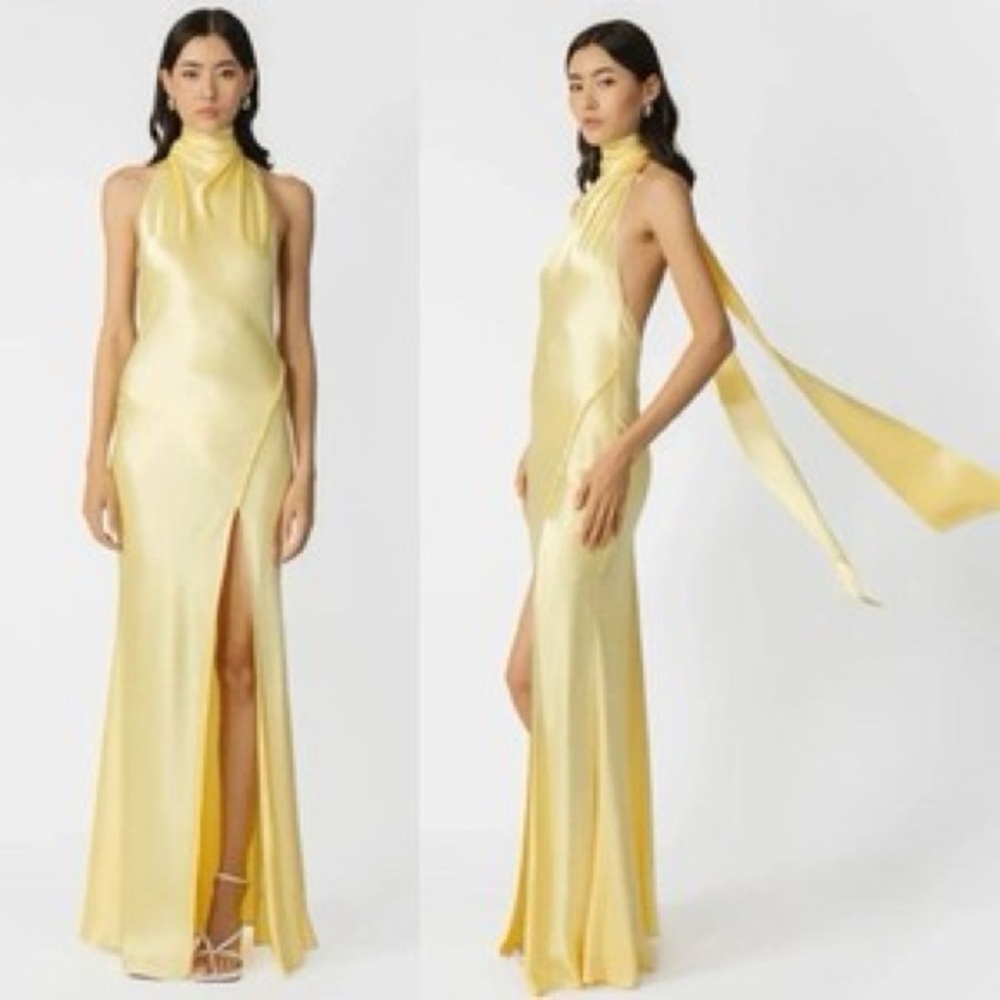 SAU LEE Penelope High-Neck Open-Back Satin Maxi Dress Yellow Halter Sz 6 595$ - Picture 6 of 16